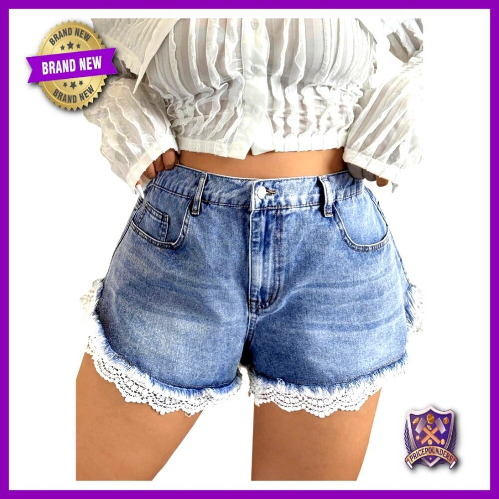 Plus Size Scalloped Lace Denim Shorts Frayed Raw Hem Casual Jean Shorts